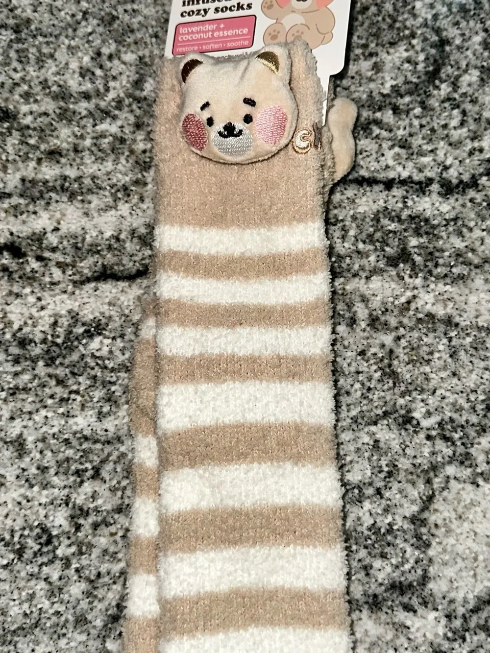 Creme shop Cozy Beige & White Striped Bear Cozy Socks for adults